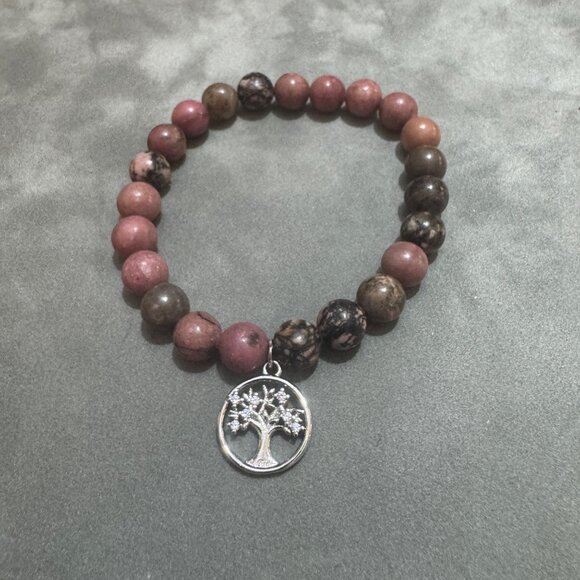 Rhodonite Jasper Beaded Bracelet With Tree Of Life Silver Charm Elastic Stretch - Picture 1 of 3